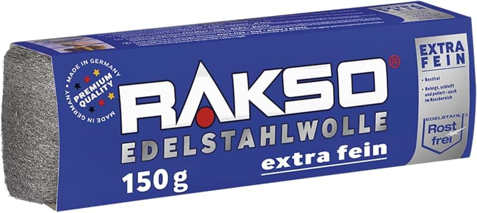 RAKSO Edelstahlwolle extra - fein - 150g, 1 Banderole, rostfrei, glättet gerbsäurehaltige Hölzer ohne Blauverfärbung der Maserung