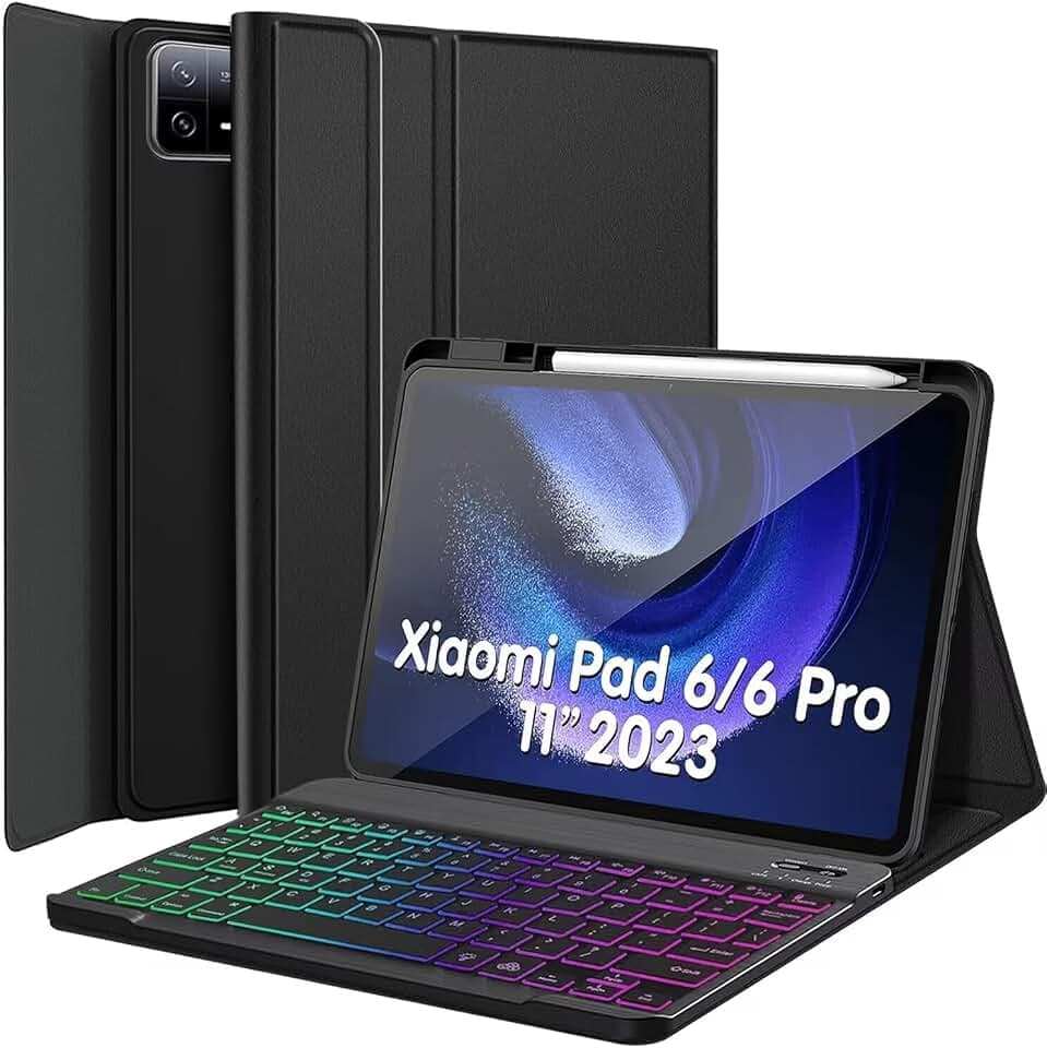 Case with Keyboard for Xiaomi Pad 6 / Pad 6 Pro 11 Inch 2023 Tablet, 7 Color Rainbow Backlight Detachable Bluetooth Keyboard, Slim PU Stand Cover with Pen Holder (Xiaomi Pad 6)