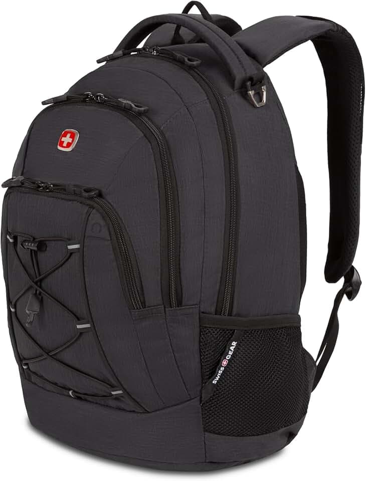 SwissGear Bungee Core Laptop Backpack, Fits Most 13-Inch Laptops, Airflow Back Panel, Reflective Accents, and Bungee Cord System, Black, 26L, 17.25-Inch