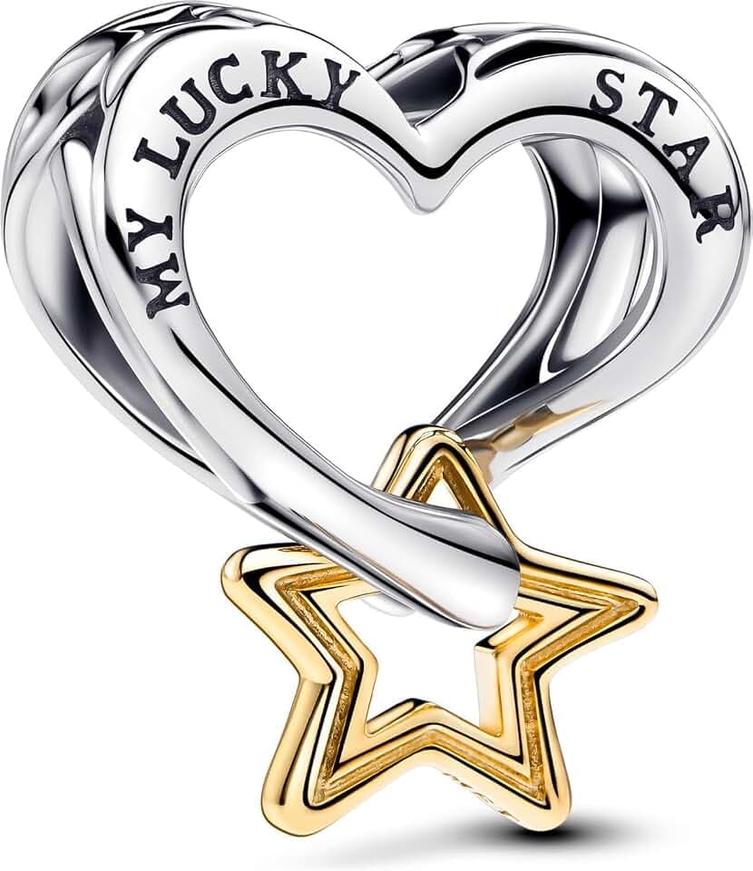 PANDORA Moments Lucky Star & Herz Charm aus Sterling Silber mit vergoldeter Metalllegierung, Kompatibel Moments Armbänder, 763513C00
