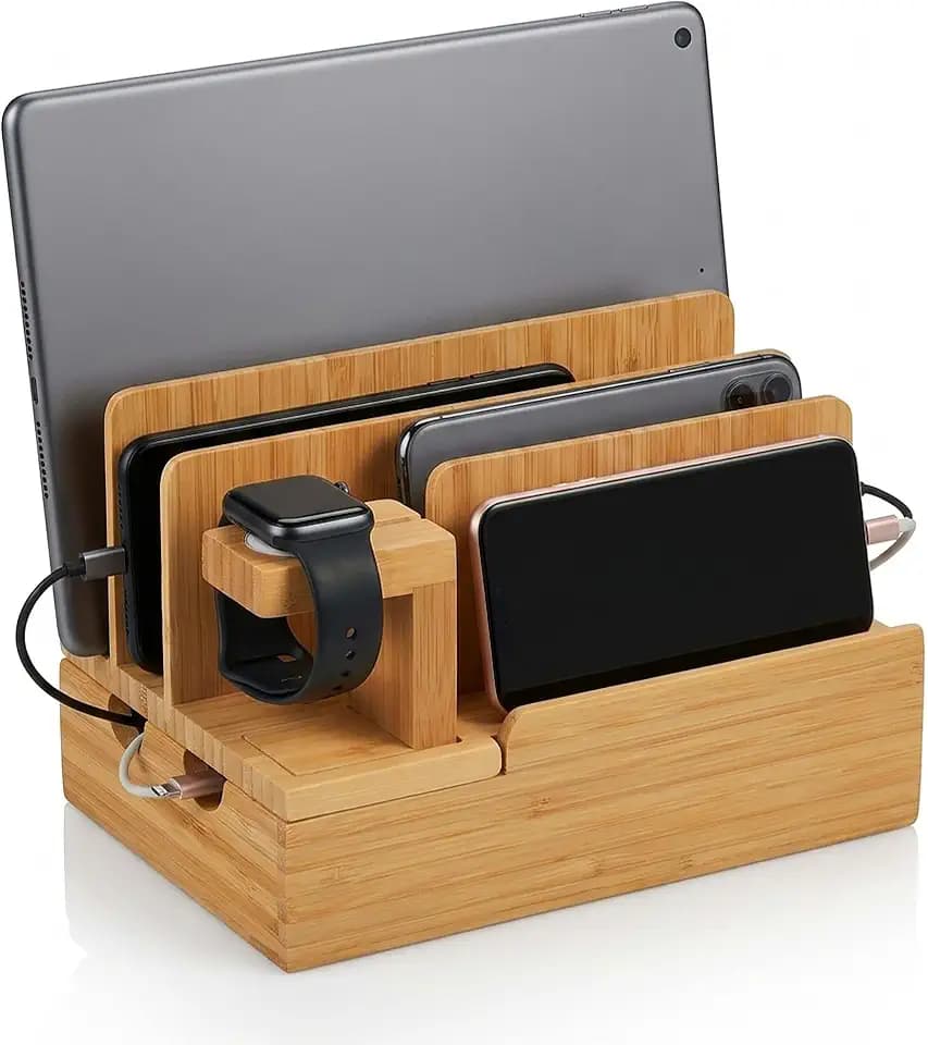 Relaxdays Ladestation, für Apple Watch, Bambus, HxBxT 15 x 21,5 x 15 cm, Handystation, Tablethalter, Uhrenständer, Natur