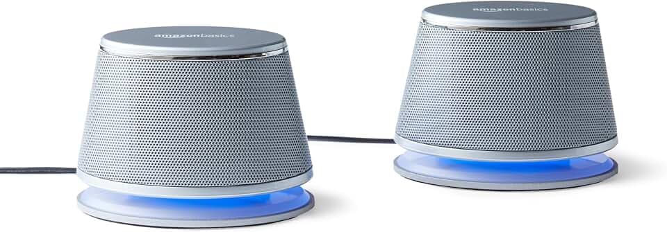 Amazon Basics Stereo-2.0-Lautsprecher für PC oder Laptop, 3,5-mm-AUX-Eingang, USB-Stromversorgung, 1 Paire, Silber