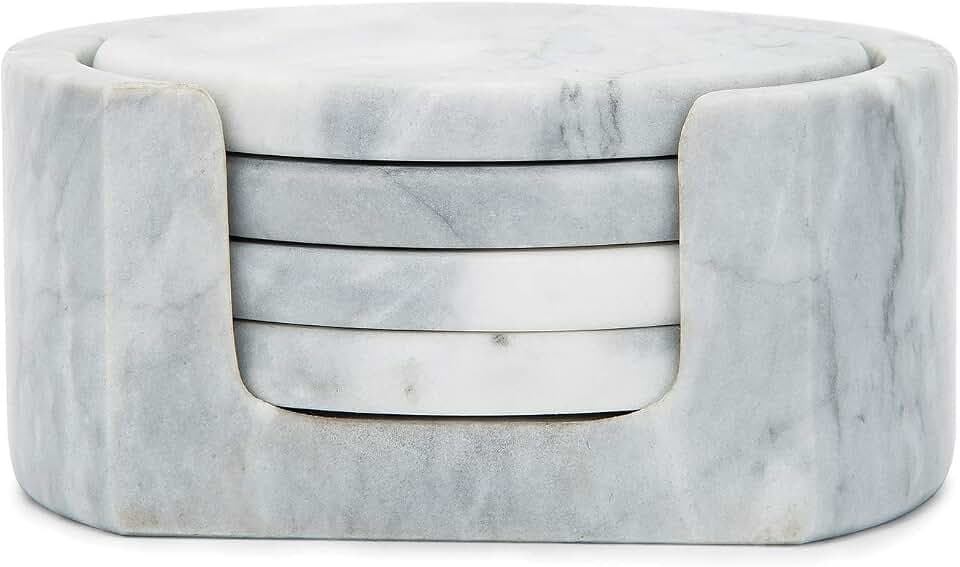 Fox Run Natural Polished Marble Coasters, Set of 4 White Coasters & Holder