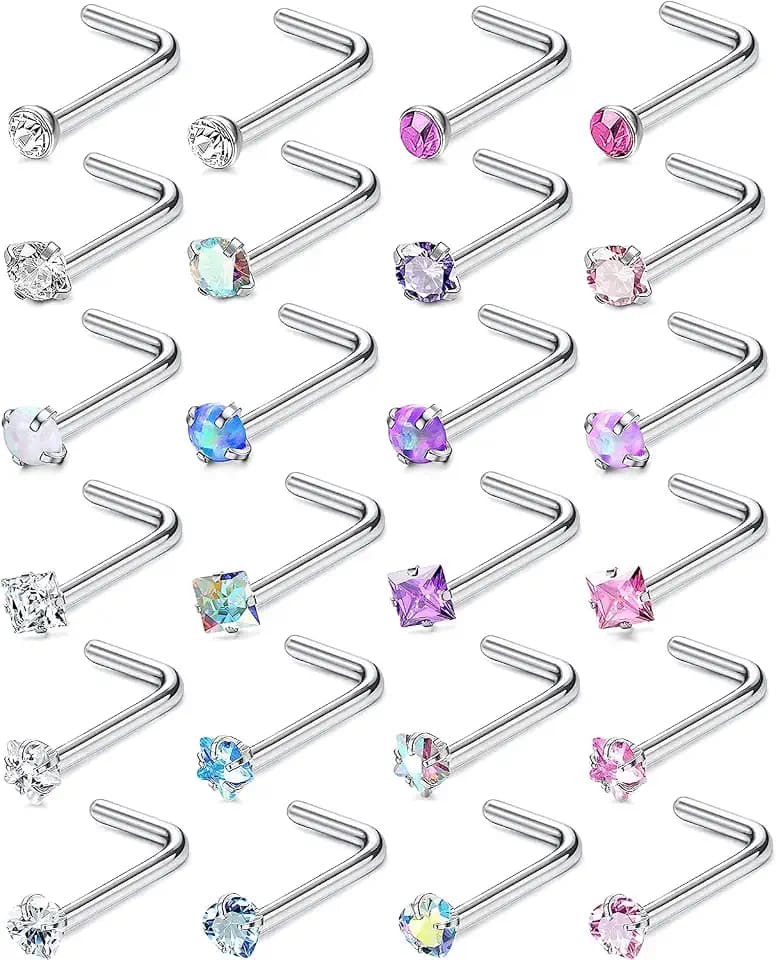 JeweBella 24 Stück 20G Nasenpiercing Steck 316L Chirurgenstahl Nostril Piercing Stecker L-Form/I-Form Nasenstecker Silber Piercing Nase Nasenpiercing Set Nose Stud Nasenpiercing Schmuck für Damen