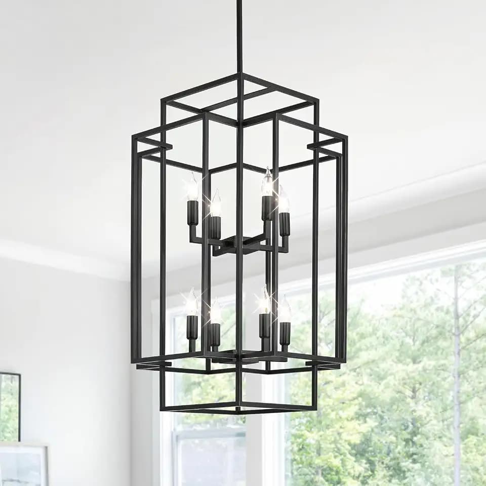 8-Light Tiered Lantern Pendant Light, Black Farmhouse Chandelier, Large Chandeliers for High Ceilings, Modern Foyer Lighting Fixtures, for Dining Room, Living Room, Entryway Staircase