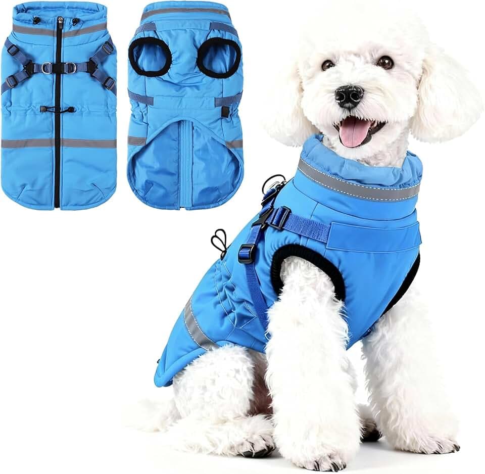 Poseca Hundemantel mit Geschirr wasserdichte Hundejacke Reflektierend und mit Reißverschluss Schneeanzug für Kleine und Mittelgroße Hunde