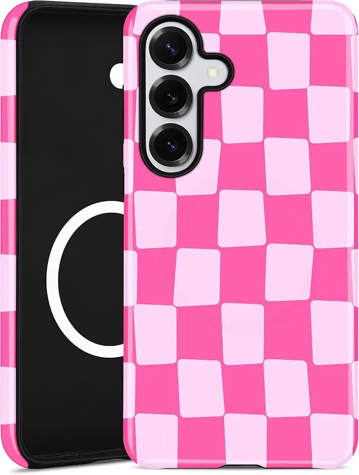 Magnetic Checkered Case for Samsung Galaxy S25 FE, Hot Pink