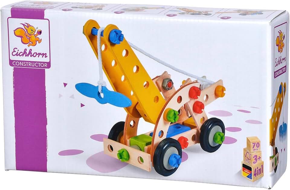 Eichhorn - 100039022 - Constructor Kranwagen, 70-teilig, Holzspielzeug-Konstruktionsset, 4 Verschiedene Modelvarianten baubar, Holzbaukasten, Motorikspielzeug ab 3 Jahren