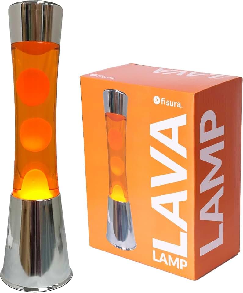 FISURA - Lavalampe orange. Silberner Chromsockel, orangefarbene Flüssigkeit und orangefarbene Lava. Lavalampe mit ersatzbirne.11 x 11 x 39,5 Zentimeter