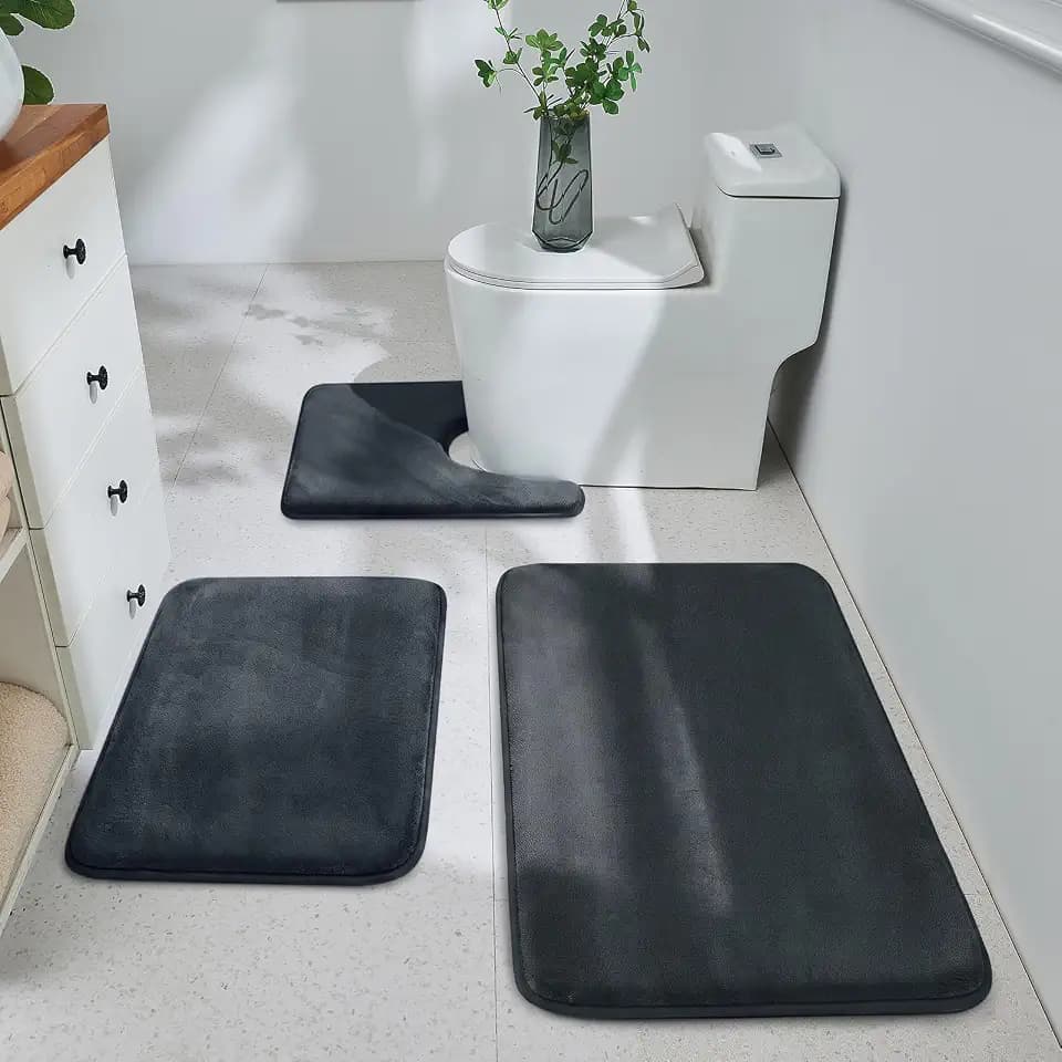 HUXMEYSON 3-Piece Memory Foam Bathroom Rug Set, Dark Grey