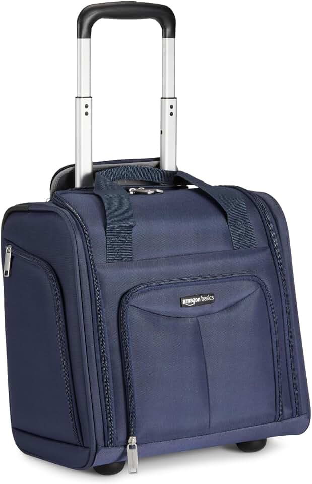 Amazon Basics Underseat Carry-On Luggage with Wheels and Handle, 14" Rolling Travel Bag, Fits Overhead Bins, Organized Compartments, Navy