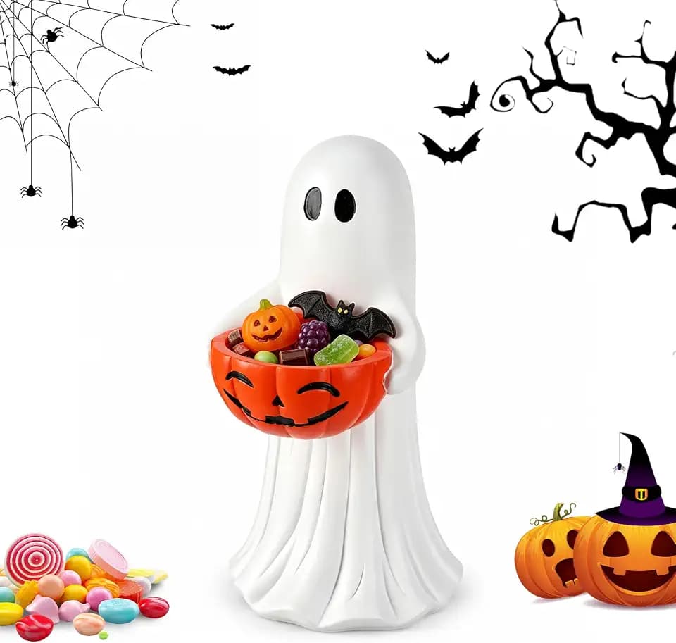 Halloween Candy Bowl 13 Inch Resin Ghost Statue with Pumpkin Decorations