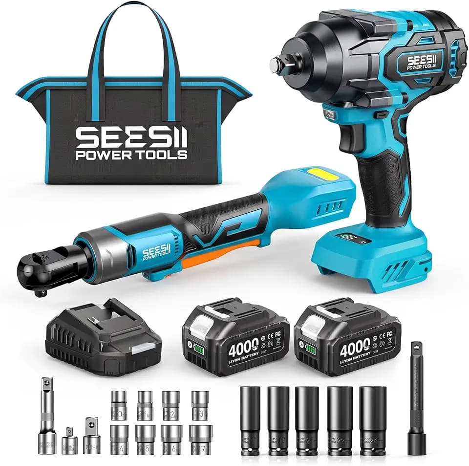 Seesii 1/2" Impact Wrench & 3/8" Ratchet Combo Kit for Auto Repair