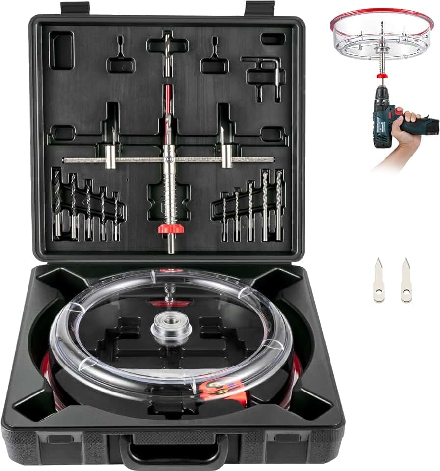 VEVOR Adjustable Hole Saw Cutter Kit, 1-5/8" to 8" (40-200 mm), Two Replaceable Pilot Drill Bits, Twin Blade Recessed Hole Saw with PC Dust Shield, for Recessed Lights, Ceiling Speakers, Vent Holes