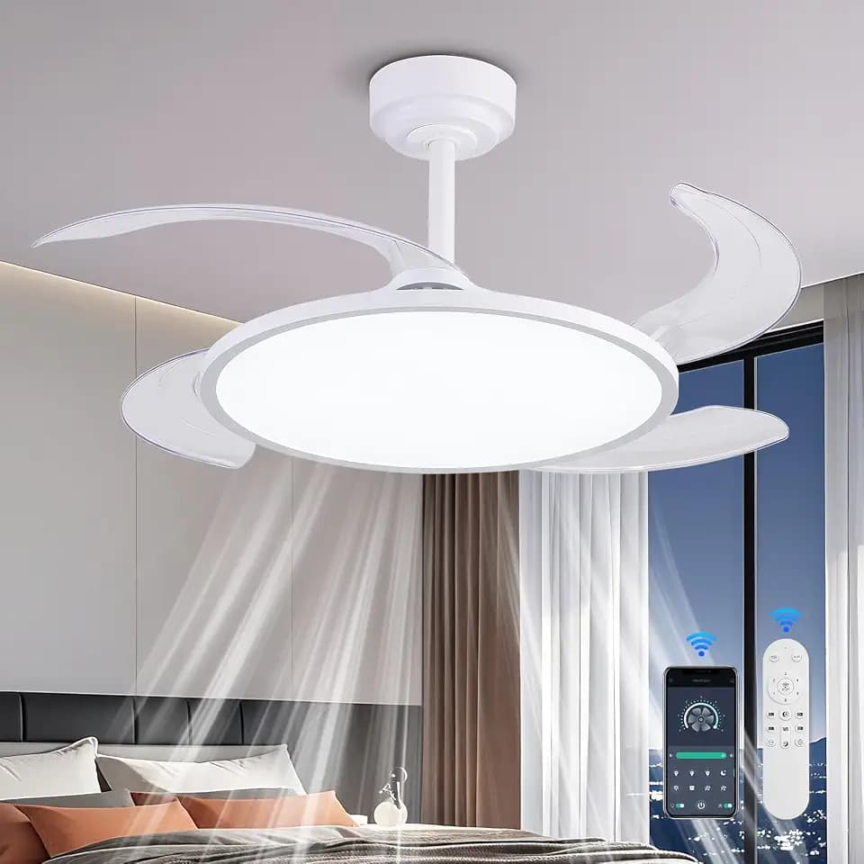 AHAWILL Retractable Ceiling Fan with Lights and Remote,42'' Fandelier Ceiling Fan with Dimmable Full Spectrum,Timer Setting,Silent DC Motor,Modern Bladeless Fan for Bedroom Dining Room,White