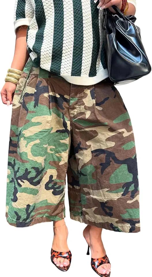 NRTHYE Womens High Waist Camo Cargo Jeans Baggy Capris Pants