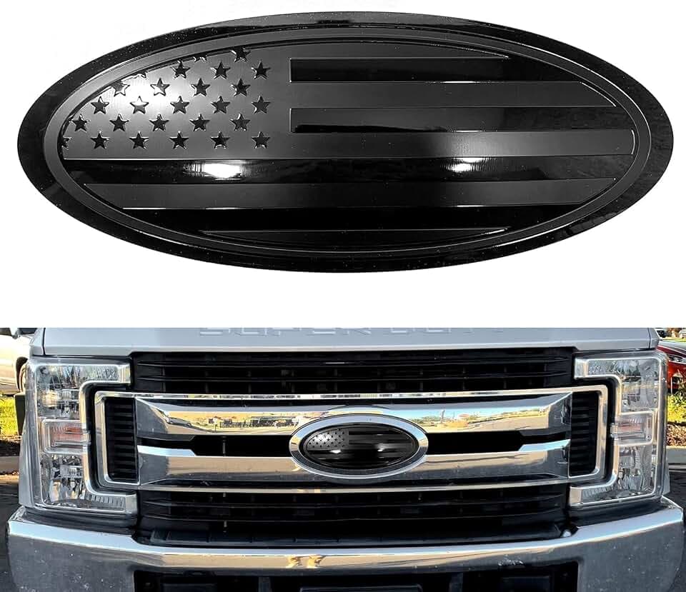 12 inch Emblem Overlay Replacement for Ford F250 F350 Super Duty Front Grille Tailgate Rear Aluminum Overlay American Black Flag Emblem Sticker (12" Black)