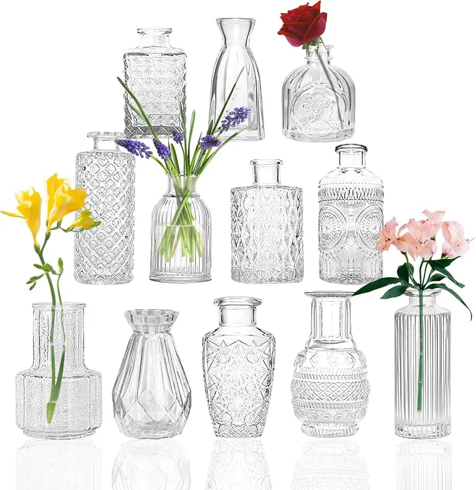 Glass Vase for Home Decor Set of 12,Small Vases in Bulk for Flowers,Mini Vases for Centerpieces,Modern for Floral and Pampas Grass,Boho for Wedding,Party,Table Home Decor