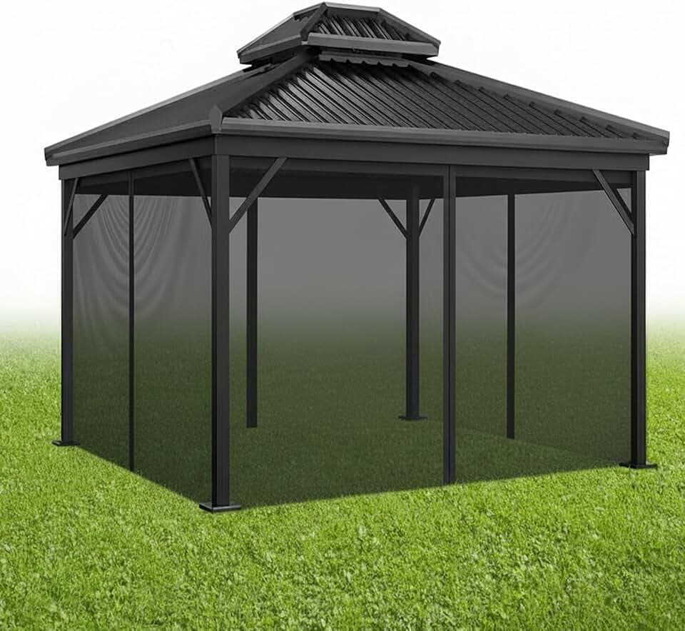 ele ELEOPTION Universal 10ftx 10ft Gazebo Replacement Patio Mosquito Netting, Black 4-Panel Netting Walls with Double Zippers for Patio (Mosquito Net Only)