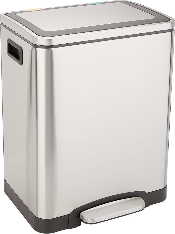 Amazon Basics 30L Rechteckig Dual Bin Soft-Close Mülleimer mit Fußpedal - 2 x 15 litre Eimer, Edelstahl, Silber, geeignet für 1 oder 2 Personen