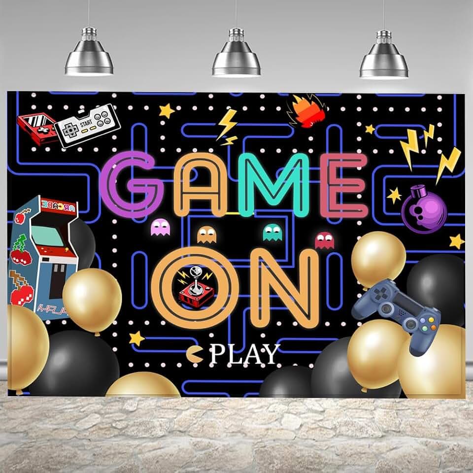 Lofaris Game On Backdrop Video Game for Boys Birthday Photography Background Colorful Lights Party Supplies Kids Adults Gaming Party Decorations Baby Shower Cake Table Photo Booth 6x4ft