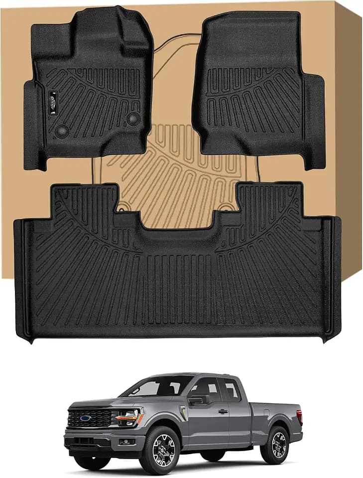 PELEUS Floor Mats for 2015-2026 Ford F150 Super Cab/Extended Cab, All Weather TPE Floor Liners Compatible with F-150 STX XLT XL, Precision Fit Waterproof Car Mats, Front & Rear Full Set, Black