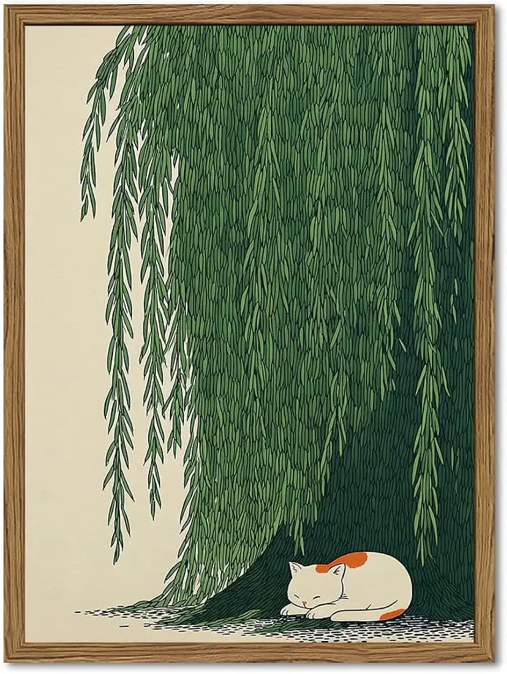 Japanese Cat Wall Art, Cat Under Willow Tree Wall Decor Painting Japan Zen Calm Poster Canvas Minimalist Animal Prints Picture for Bedroom Living Room Bathroom 12x16 inch Wood Framed
