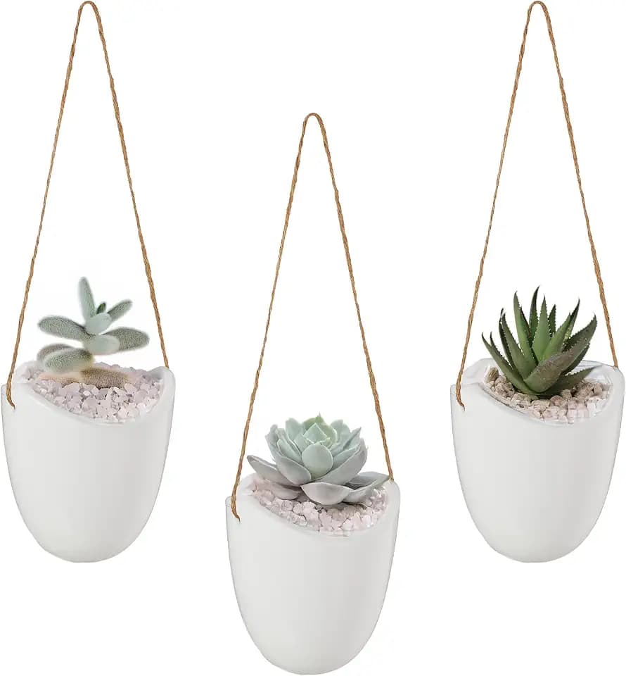 Relaxdays Wandvase 3er Set, Hängetopf innen, mit Schnur zum Aufhängen, Blumenampel, für Pflanzen & Blumen, Keramik, weiß