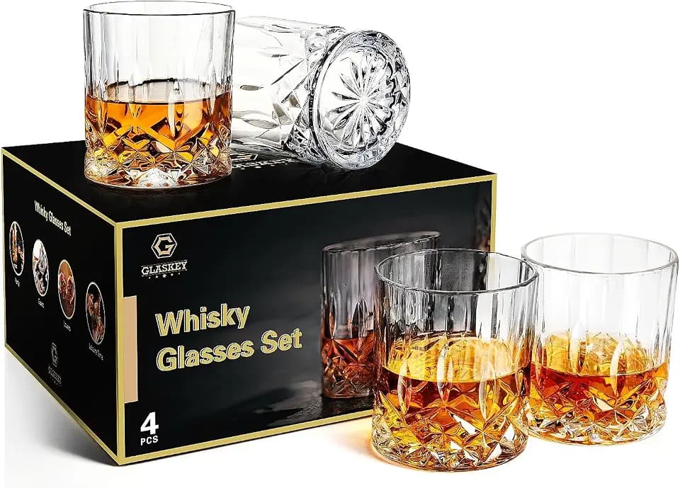 GLASKEY Whisky Gläser 4er Set,320ml Bleifreie Kristallwassergläser,Cocktail Rum Wodka Scotch Gin Cognac Wasser Whisky Heavy-Based Gläser,Whiskyglas Geschenkset für Männer,Papa,Bruder