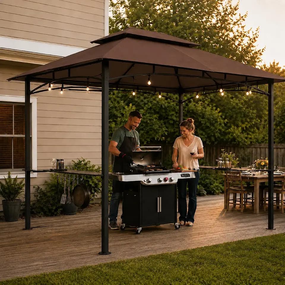 Garvee 8x5 Grill Gazebo, Outdoor BBQ Canopy Shelter with Double Tiered Roof Ventilation - Heavy Duty Patio Canopy Tent Steel Frame for Backyard Garden Lawn Grilling Party Picnic Cooking Events, Brown