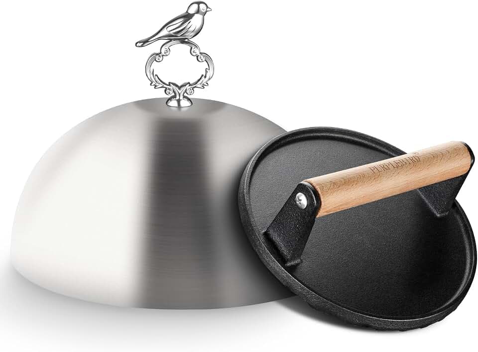 PURPLEBIRD Burgerglocke & Burger Smasher Set, Edelstahl Burgerglocke XL (Ø 24cm) mit Schwerlast Gusseisen Burgerpresse (Ø 17.7cm), Zweiteiliges Burgerpresse Set für Gasgrills, Teppanyaki, Feuerplatte