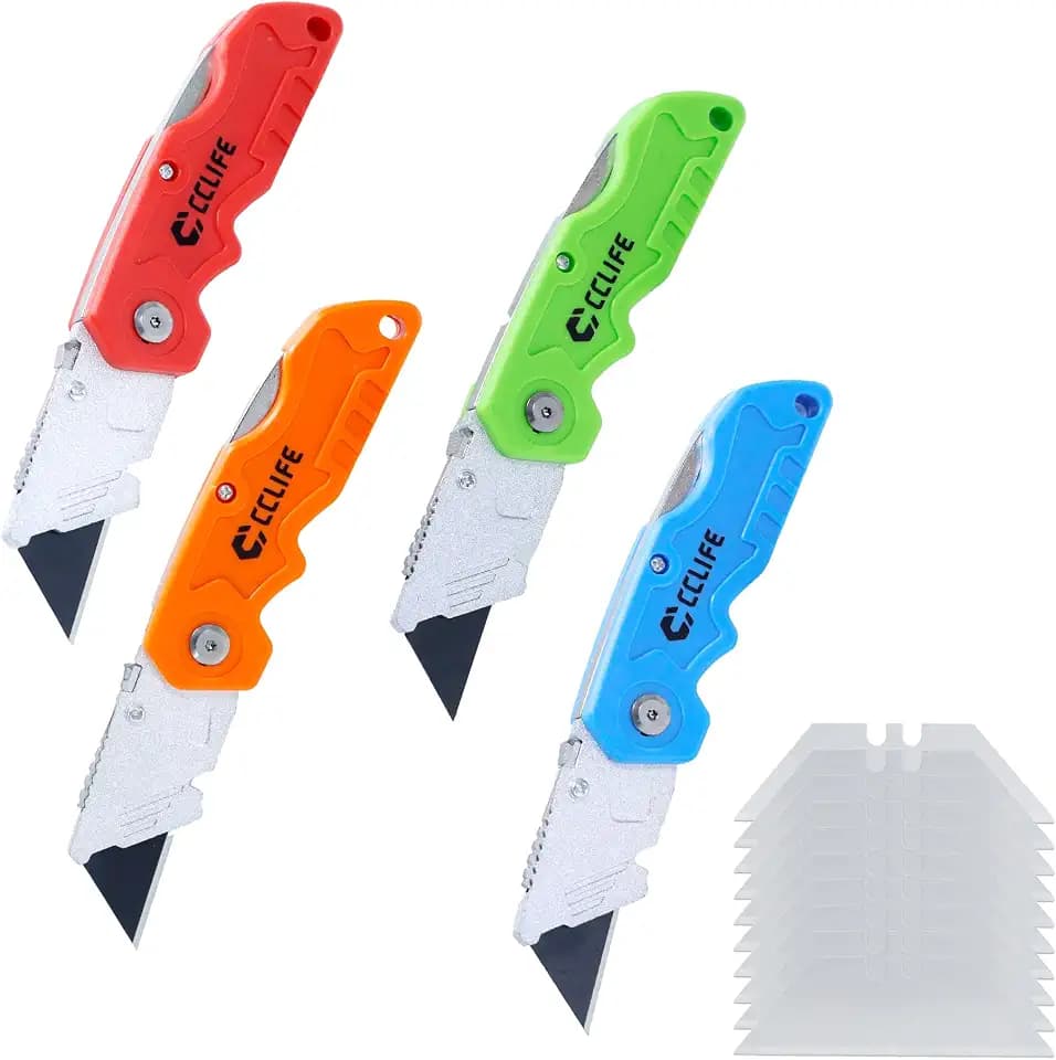 CCLIFE Cuttermesser 4tlg mit 40 Ersatzklingen und Sicherheitsverriegelung | Hochkohlenstoffstahl | Zinklegierung | ABS | 10.2/16.5cm | Gürtelclip | Klingenwechsel | rutschfest | Karton | Holz | Stoff