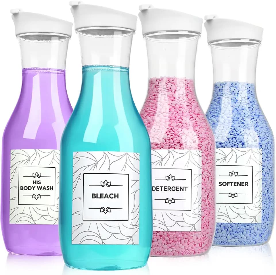VZZNN 4 Pack Laundry Bottles 53oz Plastic Liquid Detergent Dispenser with 20 Label Laundry Room Organization for Liquid Powder Bleach Scent Booster Beads Soap Fabric Softener