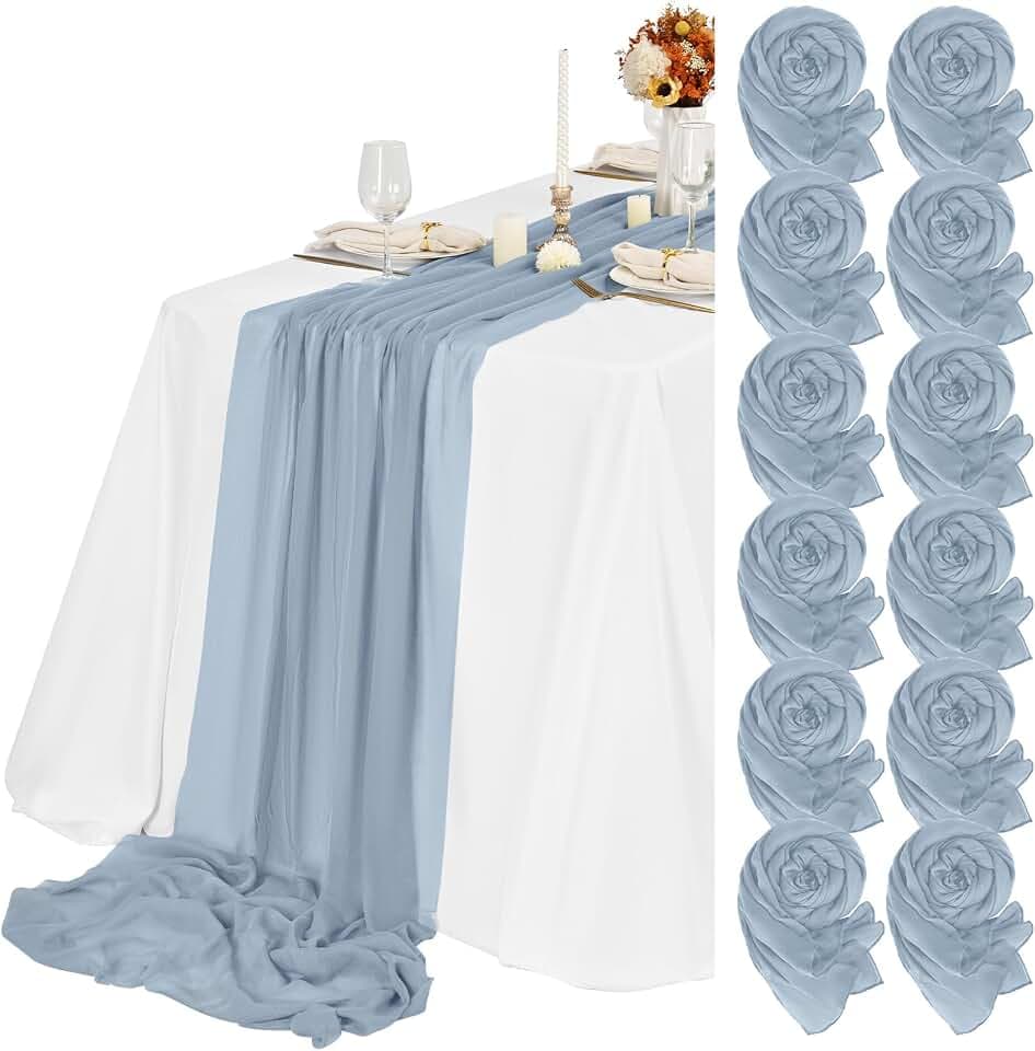 Teruntrue 12 Stück Tischläufer Staubiges Blau 55x300 cm Neuer Natürlicher Weichlook Bohemian-Gaze-Käsetuch-Tischläufer für Hochzeit, Party, Babyfeier, Brautshower, Geburtstag-Dekorationen