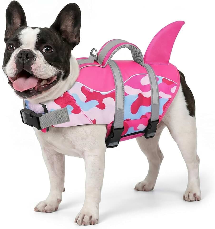 AOFITEE Schwimmweste Hund Klein, Verstellbar Hunde Schwimmweste Hai, Ripstop Hundeschwimmweste Kleine Hunde Rettungsweste mit Rettungsgrif, Welpen Hundeweste Schwimmen für Bootfahren, Rosacamo, S