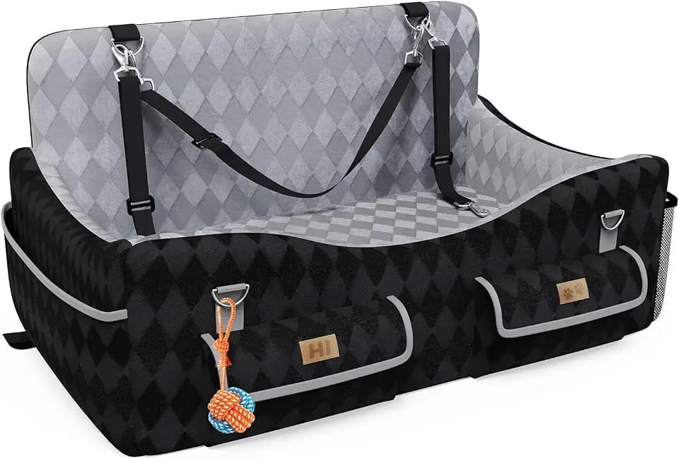 Dog Car Seat for Medium/Large Dogs up to 55lbs, 4-Pocket Storage Memory Foam Dog Booster Seat, Detachable Washable Pet Car Seat with Safety Belt, Outdoor & Indoor Use (Blue/Grey)