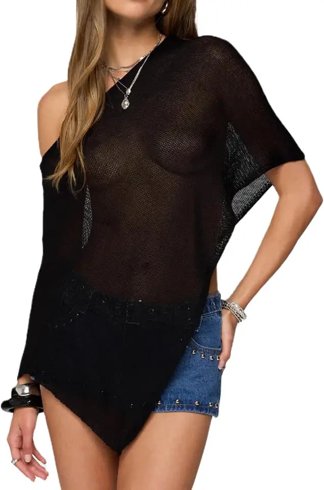 Betrodi Damen-Poncho-Top, durchscheinend, Y2K, gehäkelt, Schultern, Netzbluse, leichter Pullover, Pullover