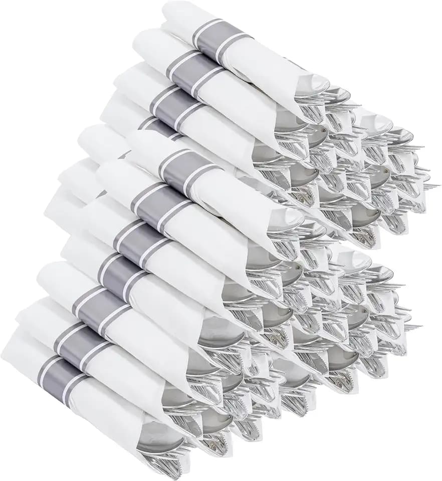 400PCS Pre Rolled Silver Plastic Silverware Sets for Dinners & Weddings