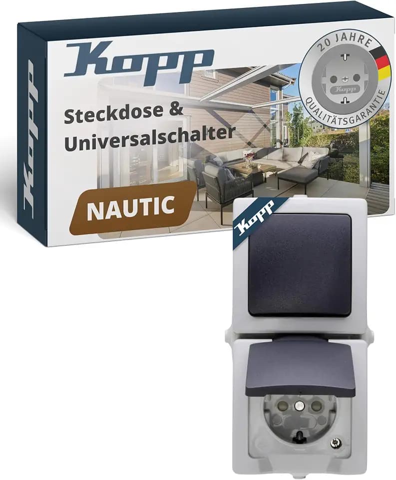 Kopp NAUTIC Wechselschalter-Steckdosen-Kombination in Grau - Sichere Aufputz-Steckdose mit Deckel & erhöhtem Berührungsschutz - Senkrechter IP44 Feuchtraum-Aufputz-Schalter mit Steckdose 16A / 250V~