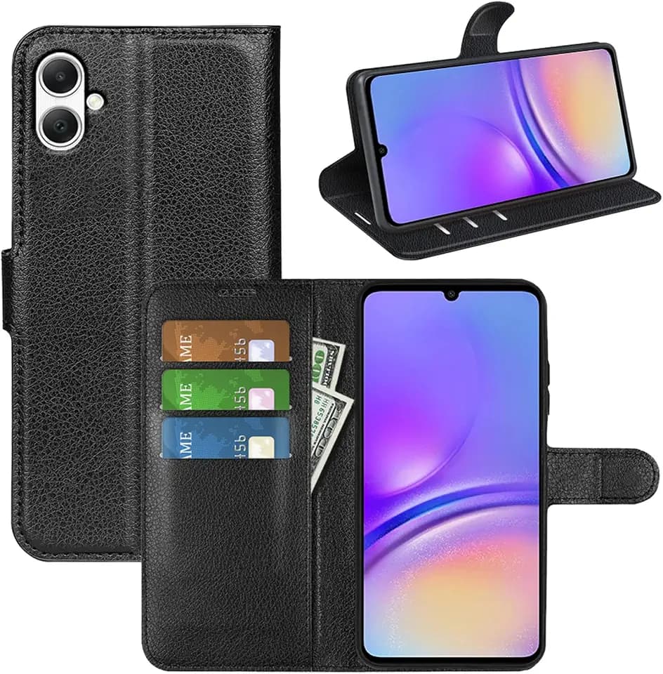 Klapphülle für Samsung A05 Hüllen PU Leder Wallet Schutzhülle Schutz Mobiltelefon Flip Back Cover für Samsung Galaxy A05 A055F Tasche Handy Zubehör (Schwarz)