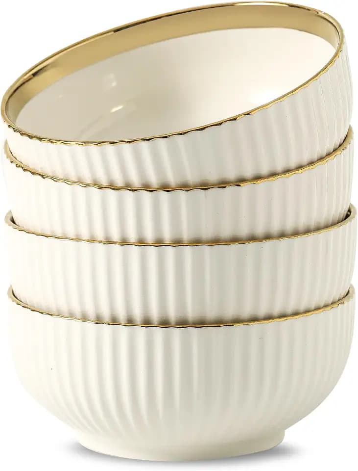 LETAOTAO Cereal Bowl Set of 4, Ceramic Cereal Bowls for Kitchen, 6 Inch Deep Soup Bowls Set, White Bowl Set with Gold Trim, Serving Bowls Set for Salad, Pasta, Oatmeal,Fruits, Decorative Bowls(28oz)