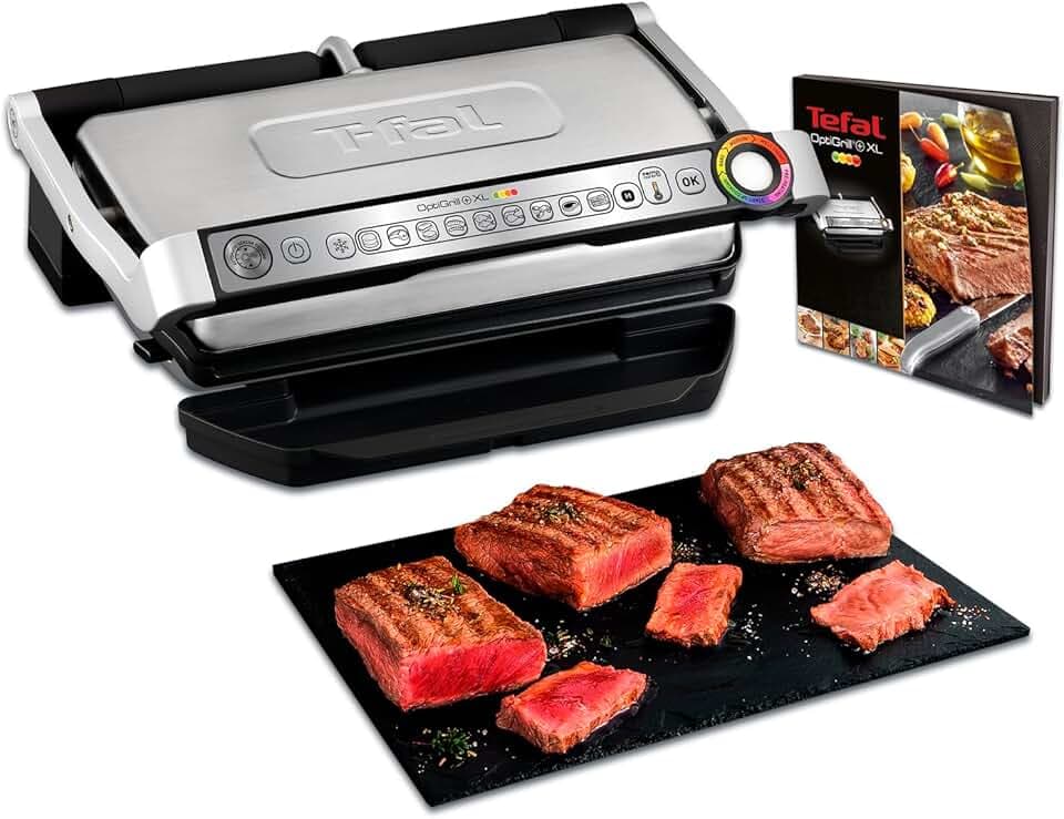 Tefal OptiGrill XL GC722D Kontaktgrill (mit Plus XL-Grillfläche, mit zusätzlichen Temperaturstufen, automatische Anzeige des Garzustands, 9 voreingestellte Programme) 40 cm x 20 cm, schwarz/Edelstahl