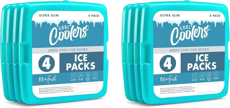 Cool Coolers by Fit & Fresh Slim Ice Packs, Quick Freeze Reusable Ice Packs for Lunch Boxes & Coolers, Long-Lasting, Space Saving Lunch Ice Packs, Blue, 4Pk