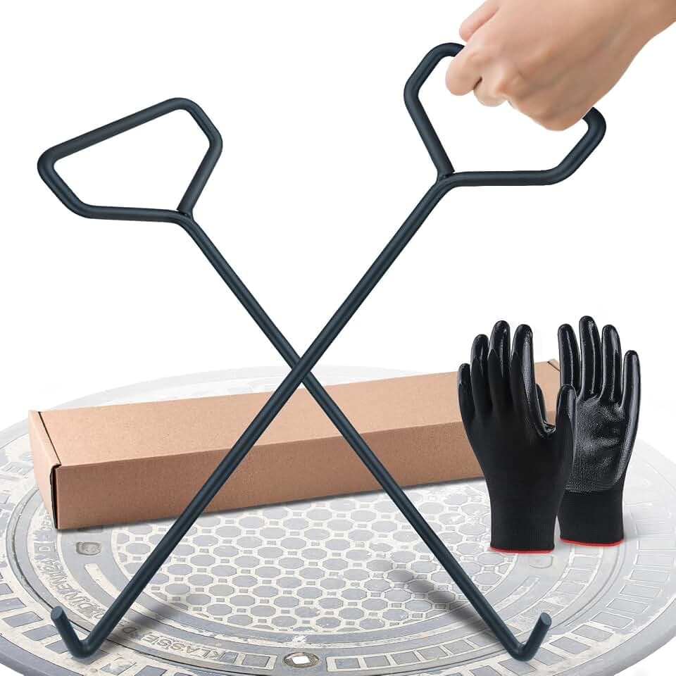2 Stück Kanaldeckelheber 80cm, Schachthaken aus schwarzem Kohlenstoffstahl, Gullideckel haken für Kanal- und Abflusshaken, Schachtdeckelheber wird mit einem Paar Handschuhen geliefert (80 CM)