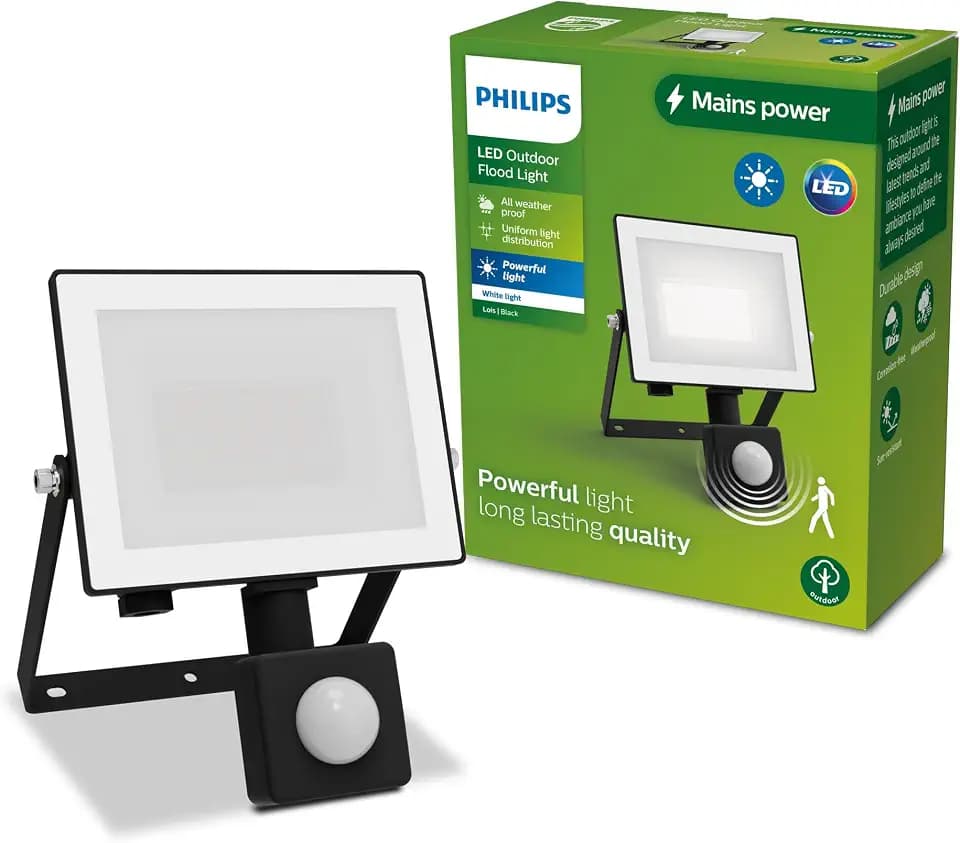 PHILIPS Lois Outdoor Flutlichtstrahler, Sensor, Außenbeleuchtung, Schwarz | LED Leuchte für den Außenbereich, IP65 wetterfest, Sensor erkennt Bewegung und Dämmerung, 20 W, 3000 K weißes Licht