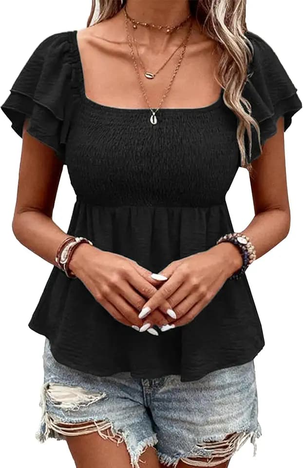Women's Solid Color Peplum Top with Square Collar Layered Flutter Sleeves Ruched Hem Crop Blouse