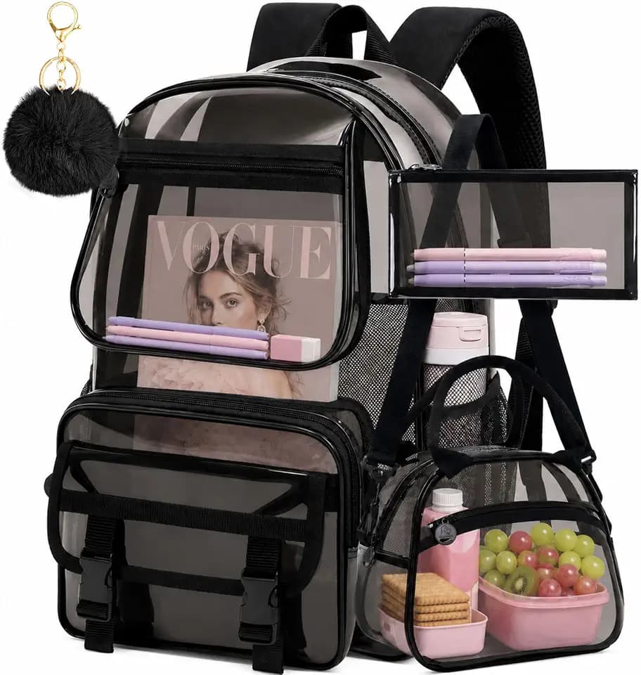 KLFVB Clear Backpack, Heavy Duty Transparent Bookbag, See Through Sequin Backpacks