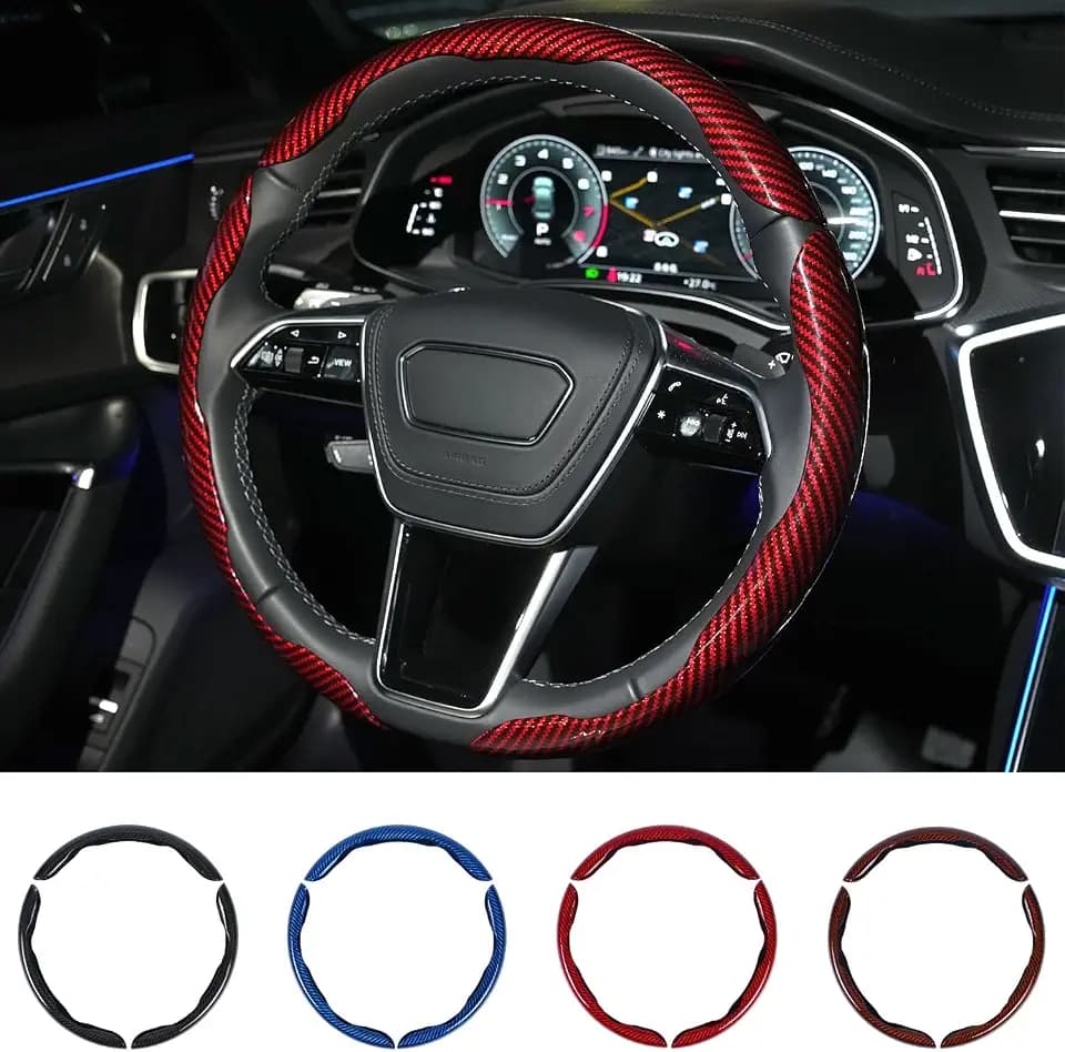 Hiseanllo Carbon Fiber Steering Wheel Cover 3PCS Set – Anti-Slip, Scratch-Resistant, Universal Fit for 14–16 Inch Wheels – Interior Car Accessories for Cars, SUVs, Trucks (Red)
