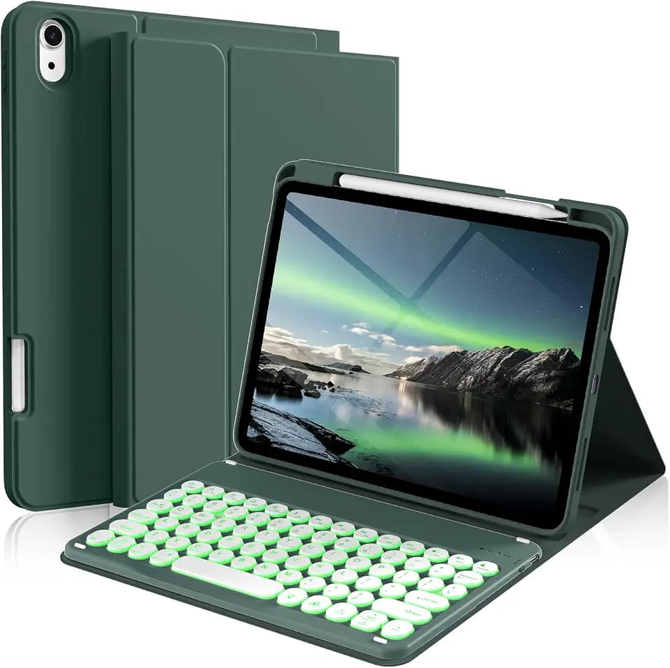 kenke for iPad 11/10th Gen Case with Keyboard 11/10.9 inch 2025 A16/2022, Detachable Wireless Bluetooth Keyboard Case with Pencil Holder, Backlit Colored Round Keycaps (Dark Green)