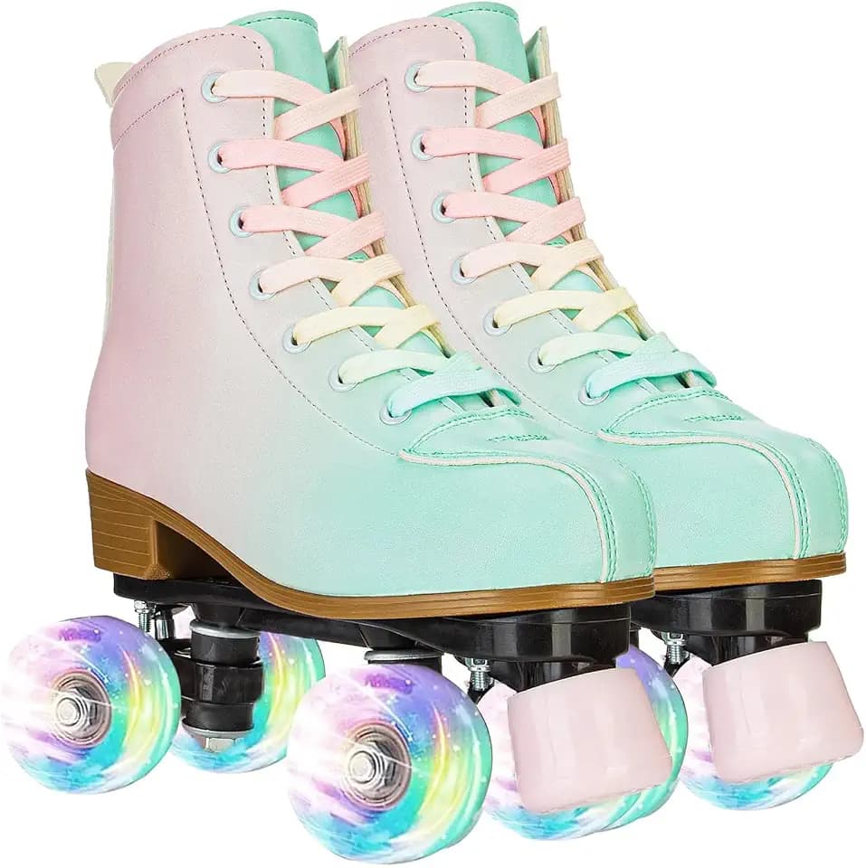 Roller Skates for Girls and Women, Cozy PU Leather Gradient Color Skates with Flash Wheels, Indoor Outdoor Skates for Beginner